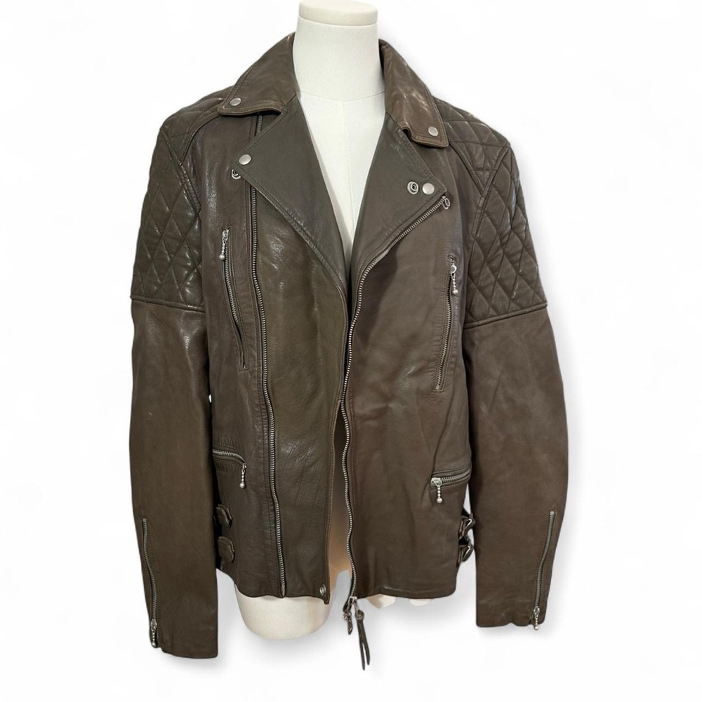 All Saints Men’s New With Tags Yuku Biker Moto Leather Jacket Slate Grey - Small